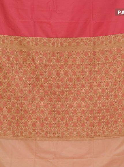 Semi banarasi katan saree peach pink and sandal with plain body and zari woven border