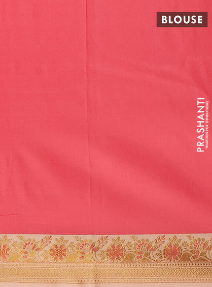 Semi banarasi katan saree peach pink and sandal with plain body and zari woven border