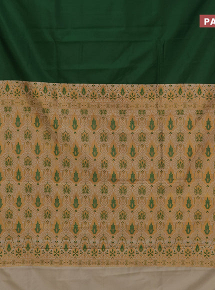 Semi banarasi katan saree dark green and beige with plain body and zari woven border