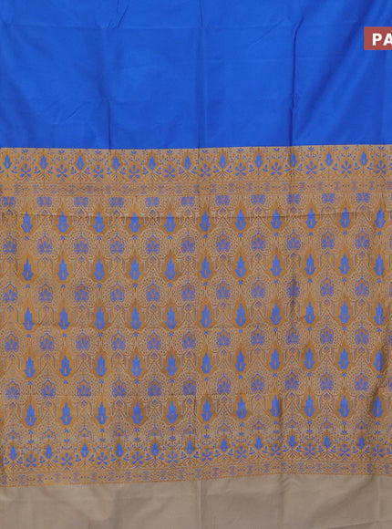 Semi banarasi katan saree blue and beige with plain body and zari woven border