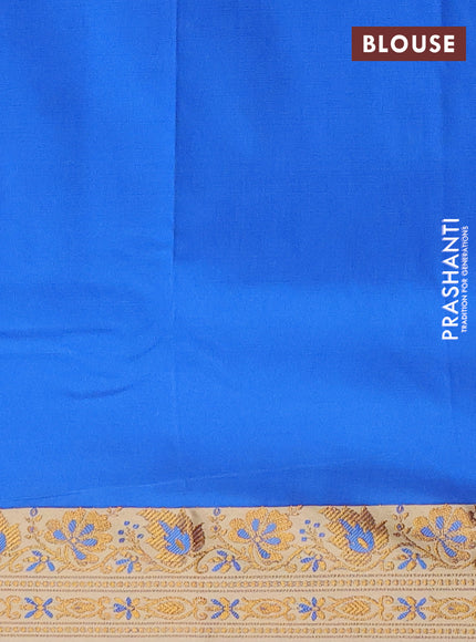 Semi banarasi katan saree blue and beige with plain body and zari woven border