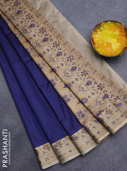 Semi banarasi katan saree navy blue and beige with plain body and zari woven border