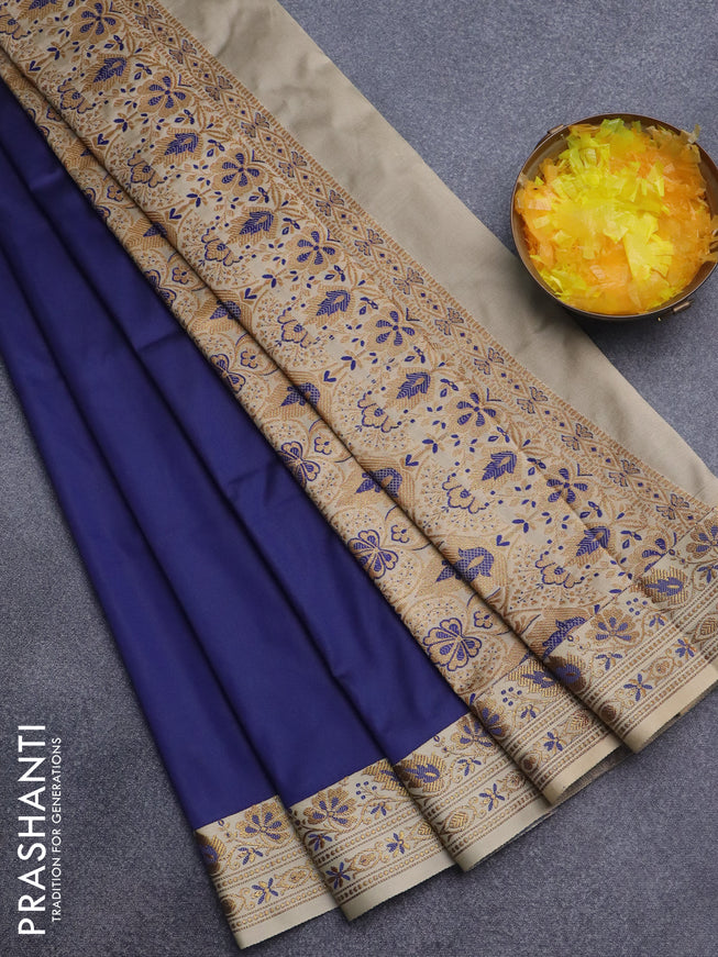 Semi banarasi katan saree navy blue and beige with plain body and zari woven border