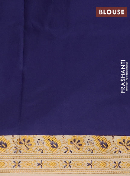 Semi banarasi katan saree navy blue and beige with plain body and zari woven border