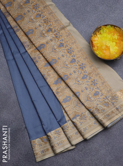 Semi banarasi katan saree grey and beige with plain body and zari woven border