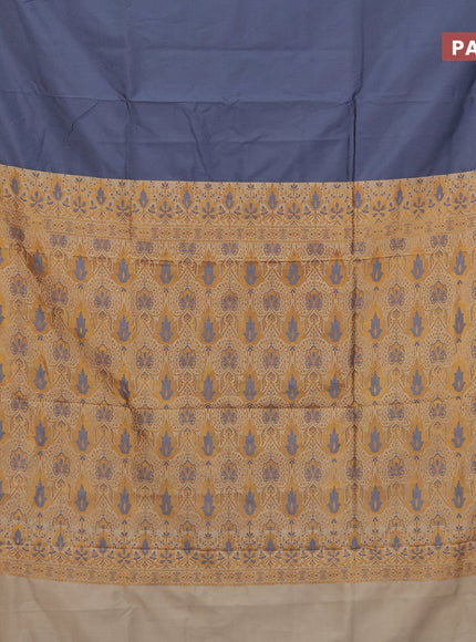 Semi banarasi katan saree grey and beige with plain body and zari woven border