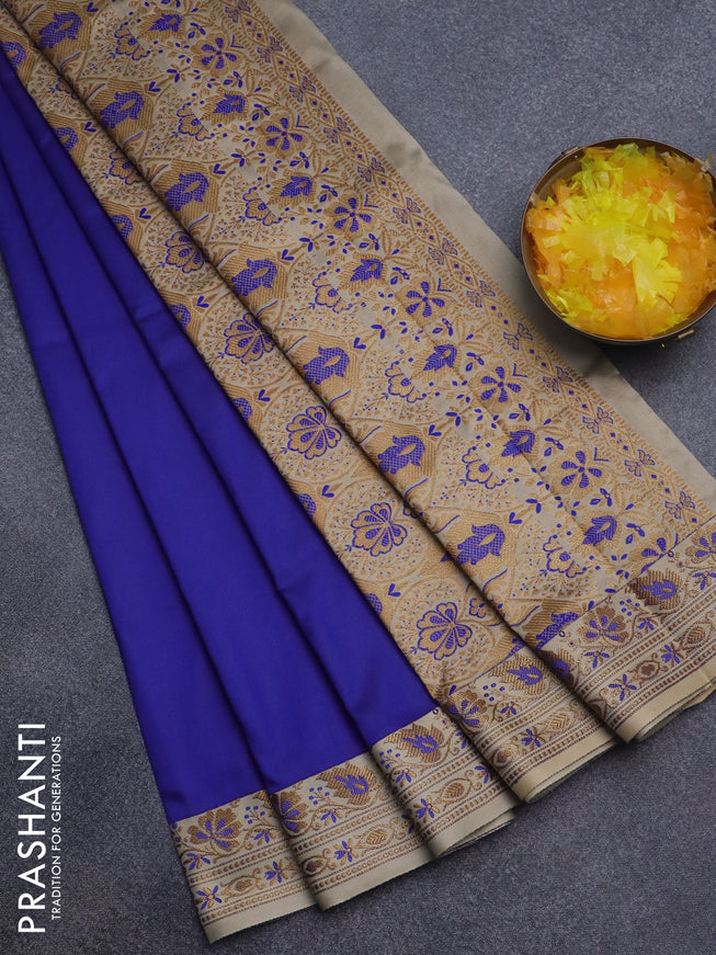 Semi banarasi katan saree blue and beige with plain body and zari woven border