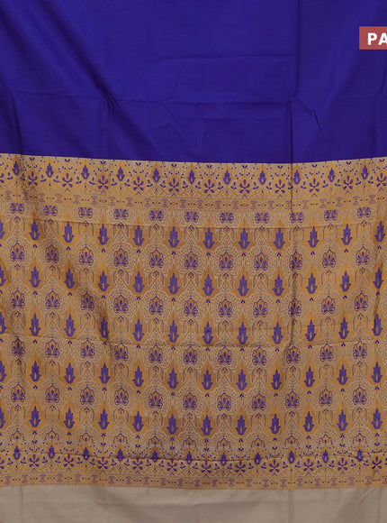 Semi banarasi katan saree blue and beige with plain body and zari woven border