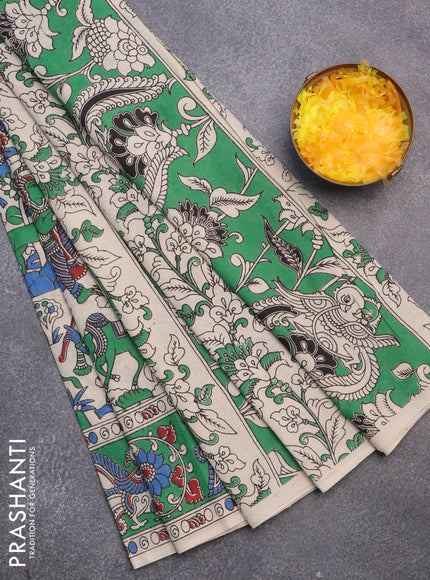 Kalamkari cotton saree beige and green with allover prints and printed border