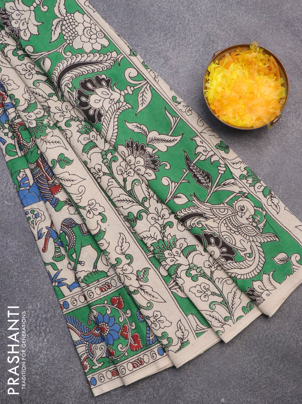 Kalamkari cotton saree beige and green with allover prints and printed border