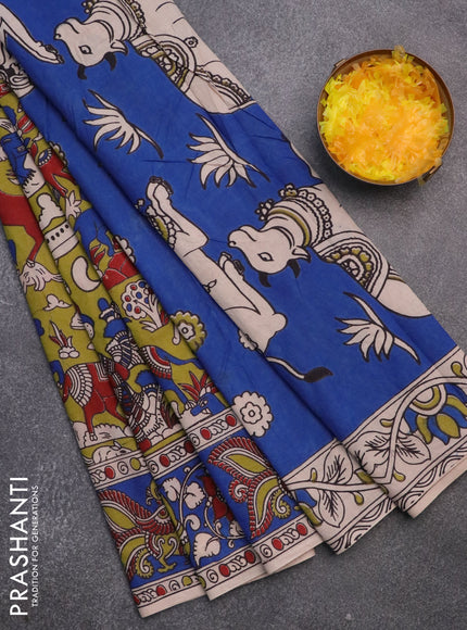 Kalamkari cotton saree mehendi green and blue with allover prints and printed border