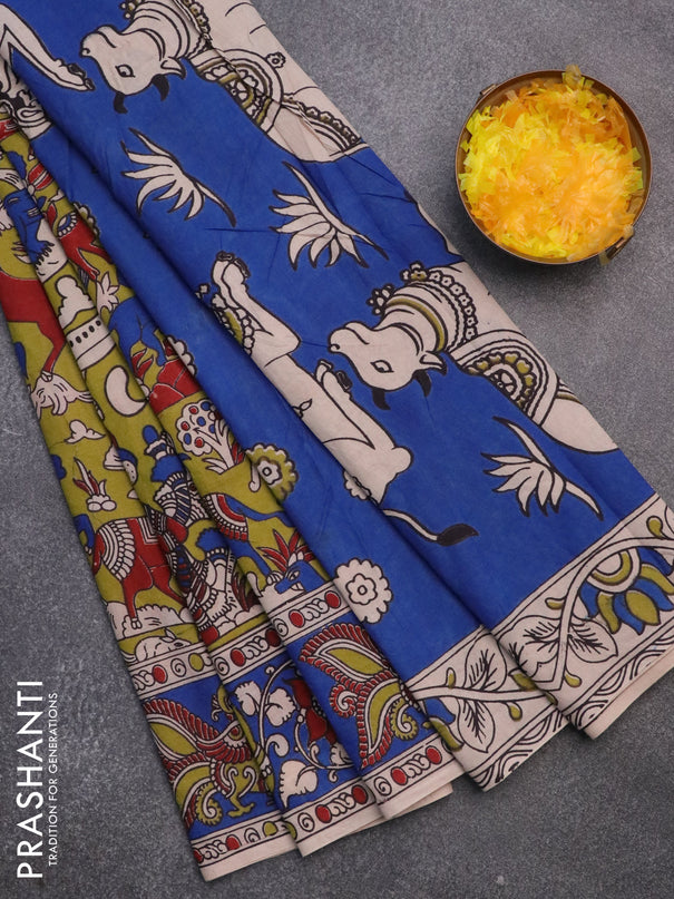 Kalamkari cotton saree mehendi green and blue with allover prints and printed border