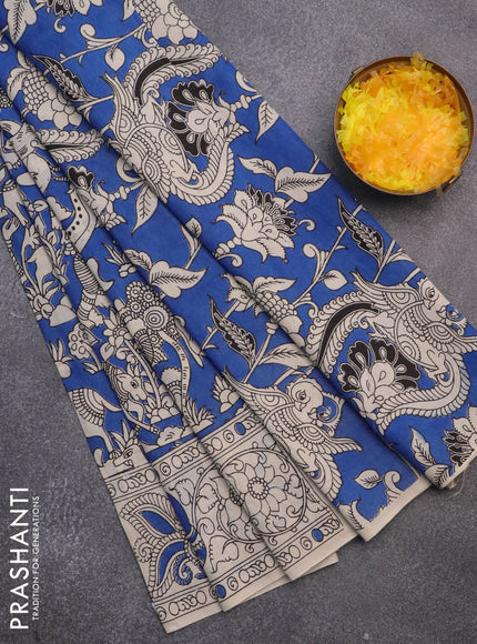 Kalamkari cotton saree blue and beige with allover prints and printed border