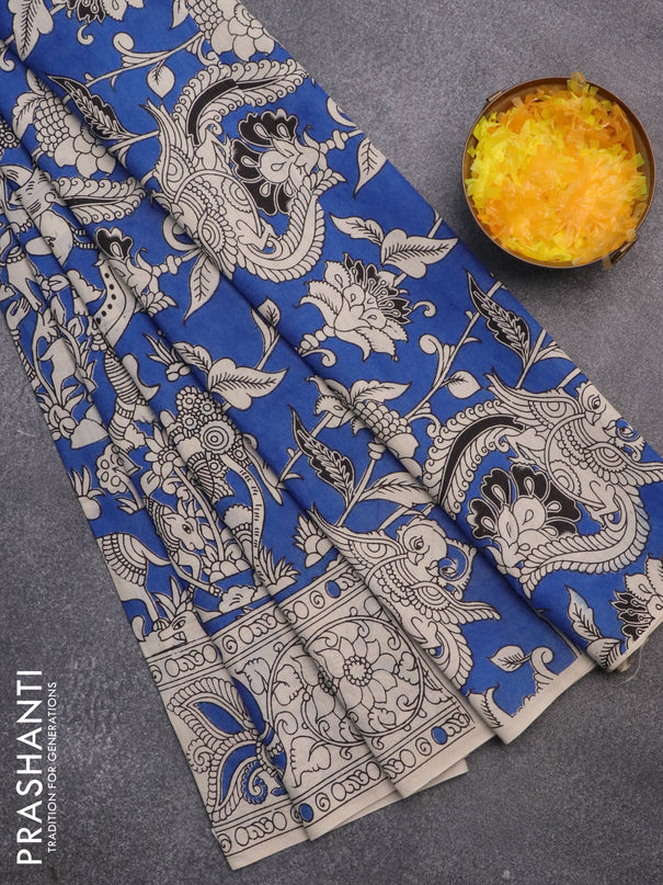 Kalamkari cotton saree blue and beige with allover prints and printed border