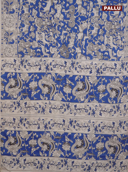 Kalamkari cotton saree blue and beige with allover prints and printed border