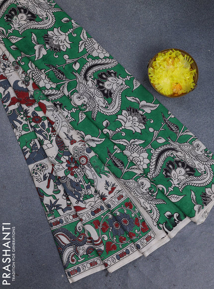 Kalamkari cotton saree beige and green with allover prints and printed border