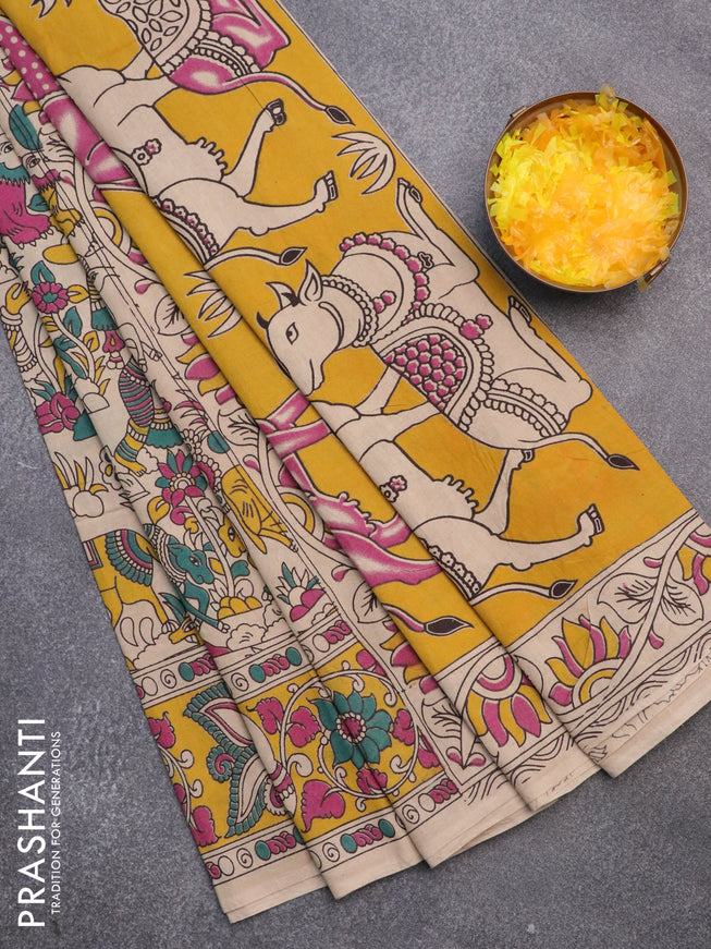 Kalamkari cotton saree beige and yellow with allover prints and printed border