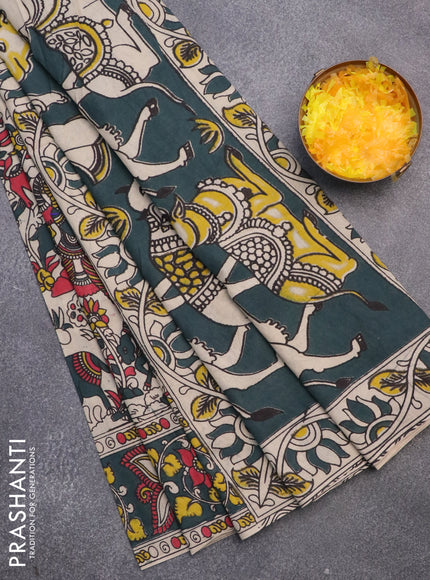 Kalamkari cotton saree beige and bottle green with allover prints and printed border