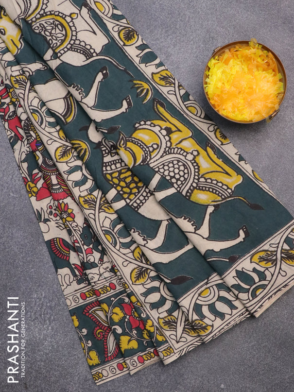 Kalamkari cotton saree beige and bottle green with allover prints and printed border