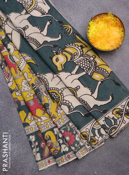 Kalamkari cotton saree yellow and bottle green with allover prints and printed border