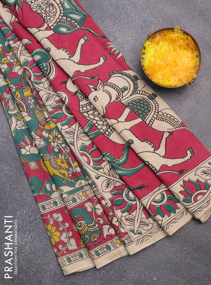 Kalamkari cotton saree green and maroon with allover prints and printed border