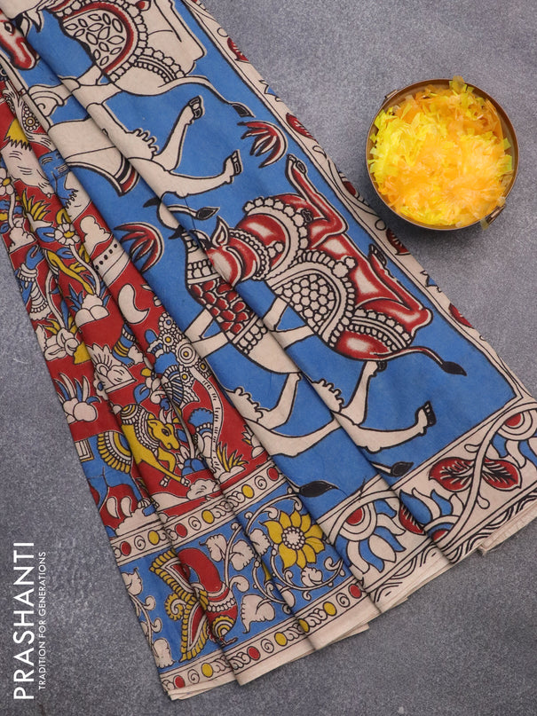 Kalamkari cotton saree maroon and blue with allover prints and printed border