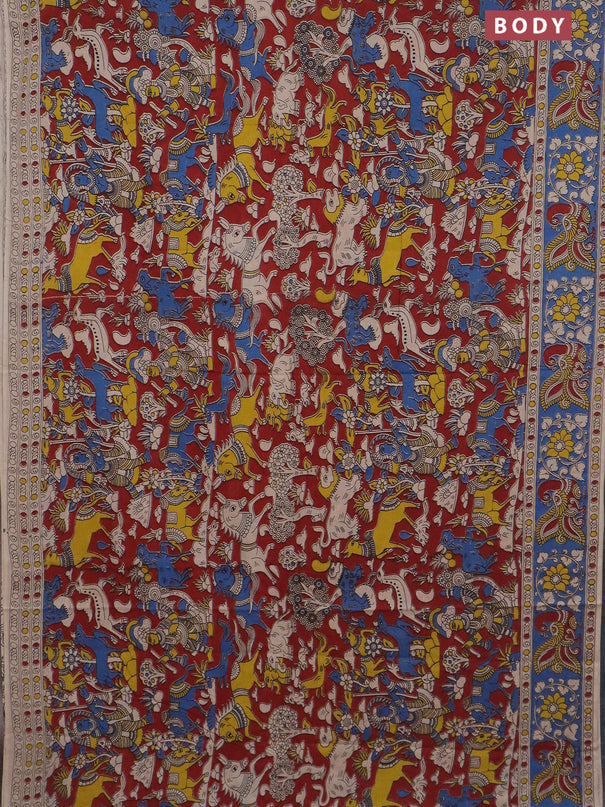 Kalamkari cotton saree maroon and blue with allover prints and printed border