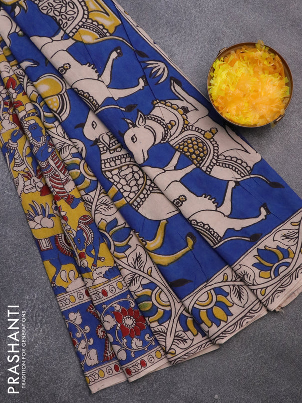 Kalamkari cotton saree yellow and blue with allover prints and printed border