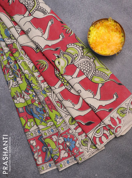 Kalamkari cotton saree light green and maroon with allover prints and printed border