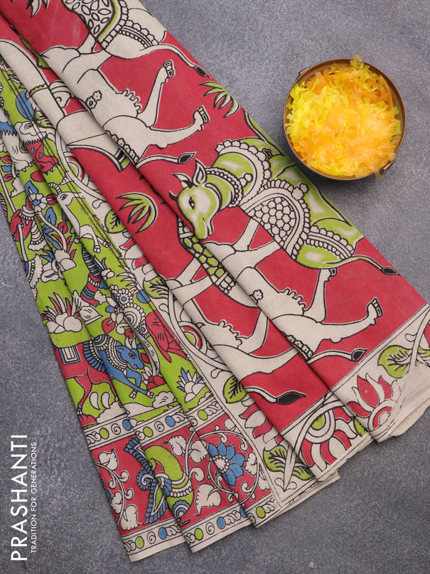 Kalamkari cotton saree light green and maroon with allover prints and printed border