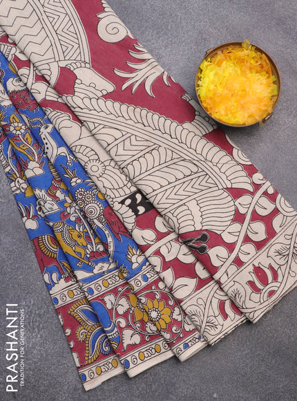 Kalamkari cotton saree blue and maroon with allover prints and printed border