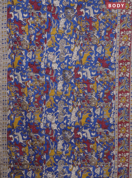 Kalamkari cotton saree blue and maroon with allover prints and printed border