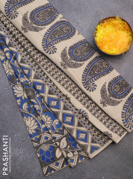 Kalamkari cotton saree blue and grey with allover prints and printed border