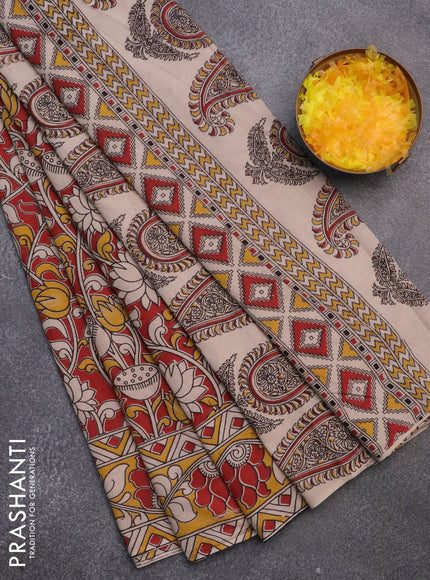 Kalamkari cotton saree maroon and yellow with allover prints and printed border