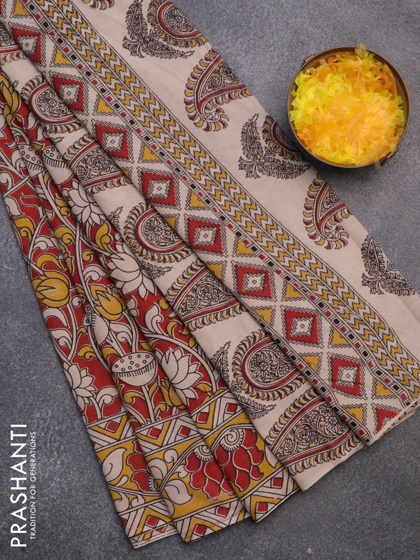 Kalamkari cotton saree maroon and yellow with allover prints and printed border