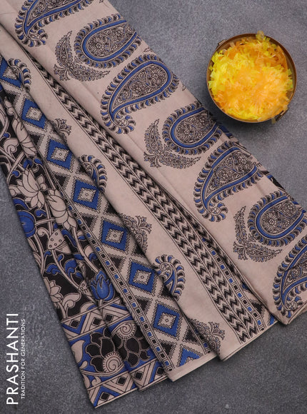 Kalamkari cotton saree black and blue with allover prints and printed border