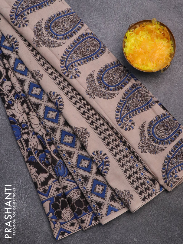 Kalamkari cotton saree black and blue with allover prints and printed border