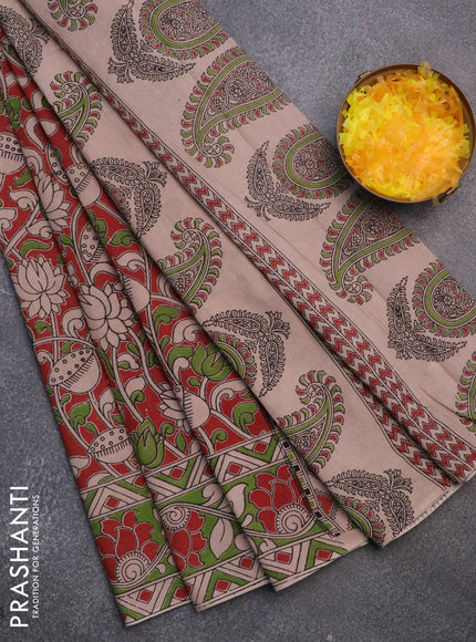 Kalamkari cotton saree maroon and green with allover prints and printed border