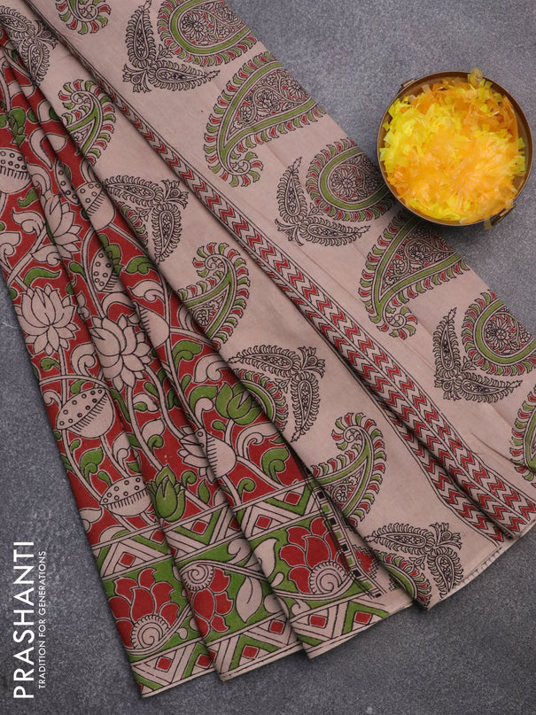 Kalamkari cotton saree maroon and green with allover prints and printed border