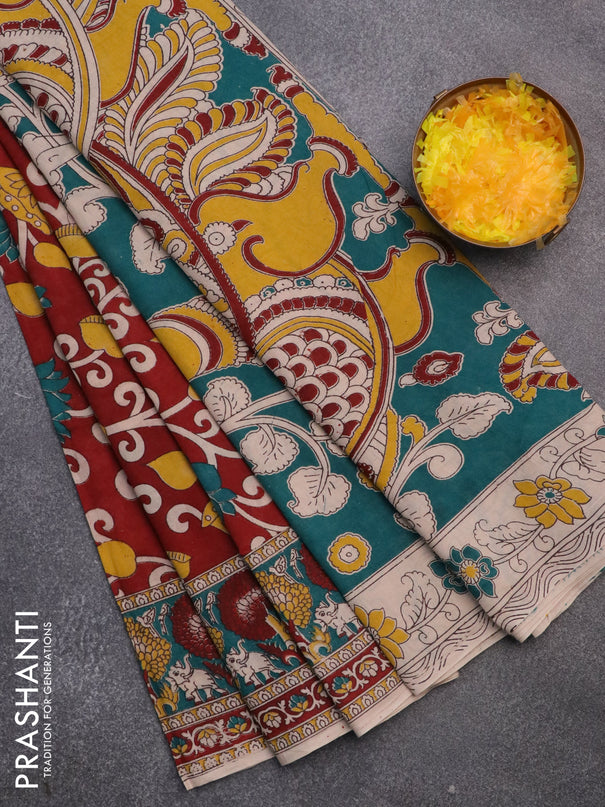 Kalamkari cotton saree maroon and teal green with allover prints and printed border