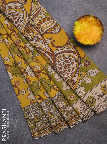 Kalamkari cotton saree mustard yellow and mehendi green with allover prints and printed border