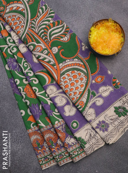 Kalamkari cotton saree green and violet with allover prints and printed border