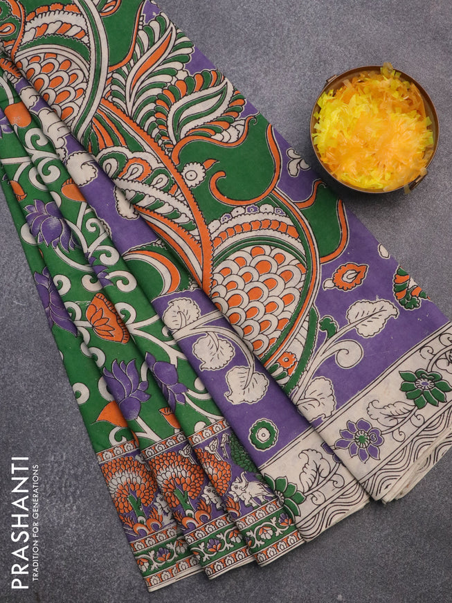 Kalamkari cotton saree green and violet with allover prints and printed border