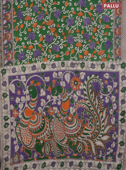 Kalamkari cotton saree green and violet with allover prints and printed border