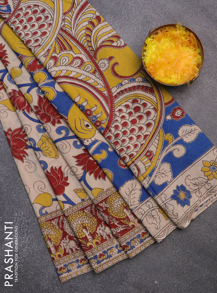 Kalamkari cotton saree beige and maroon with allover prints and printed border