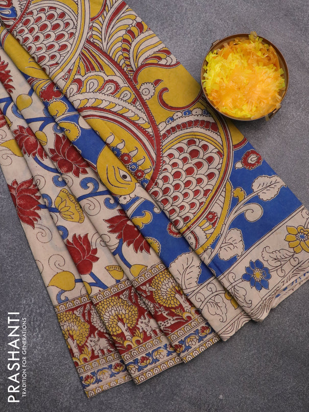 Kalamkari cotton saree beige and maroon with allover prints and printed border