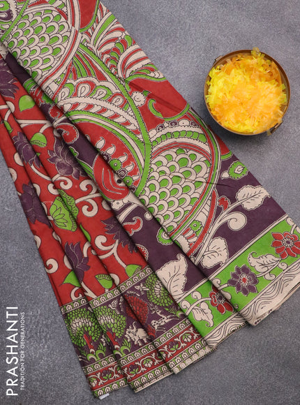 Kalamkari cotton saree maroon and deep purple with allover prints and printed border