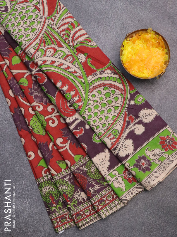 Kalamkari cotton saree maroon and deep purple with allover prints and printed border