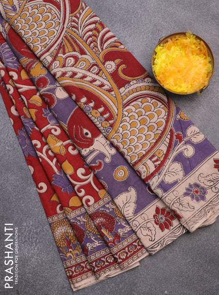 Kalamkari cotton saree maroon and violet with allover prints and printed border