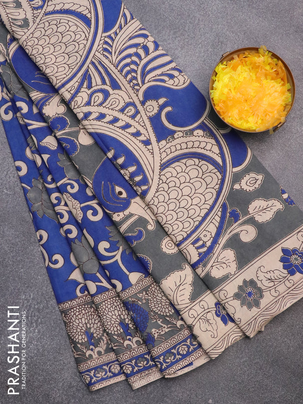 Kalamkari cotton saree blue and grey with allover prints and printed border